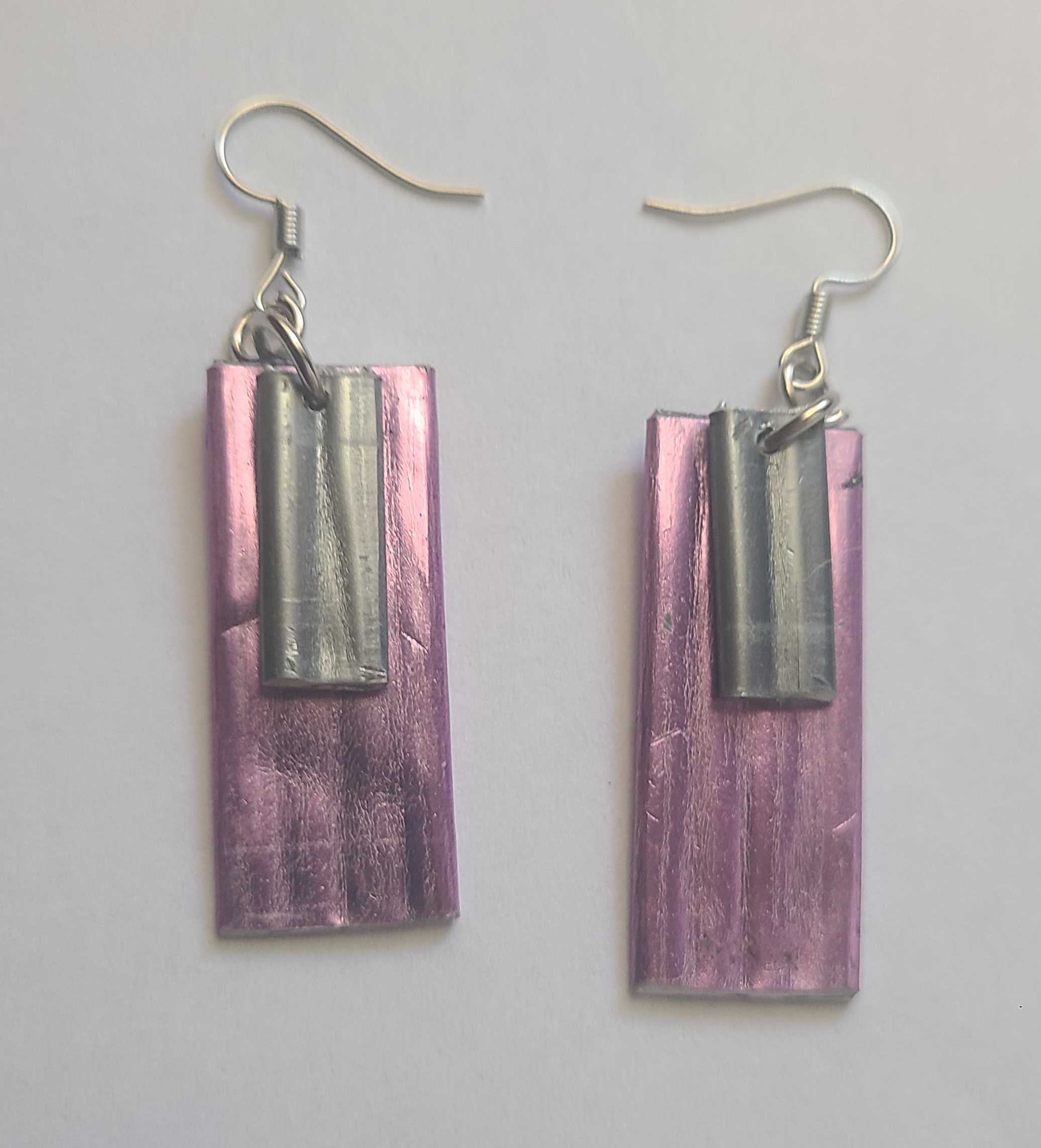 Long Dangle Earrings - Purple and Silver - Made from Knitting Needles