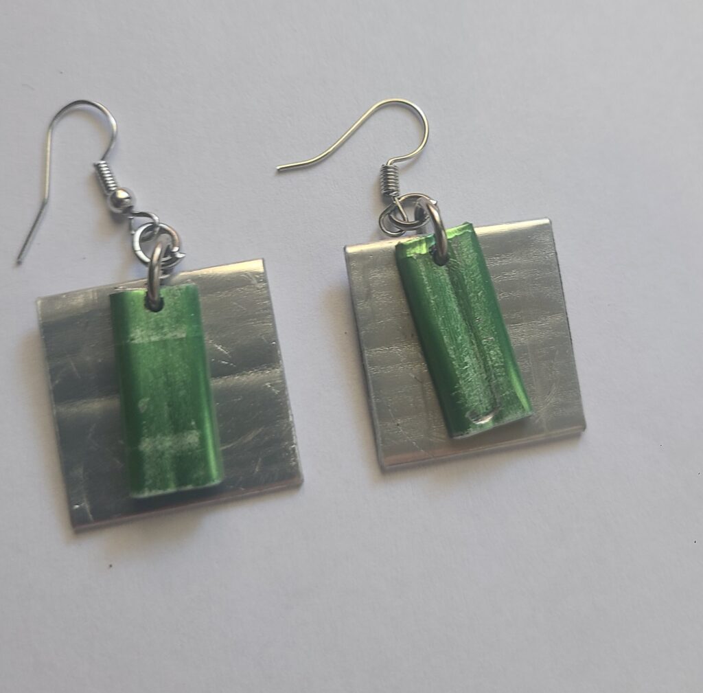 Squared Off Dangle Earrings - Silver and Green - Made from Knitting Needles