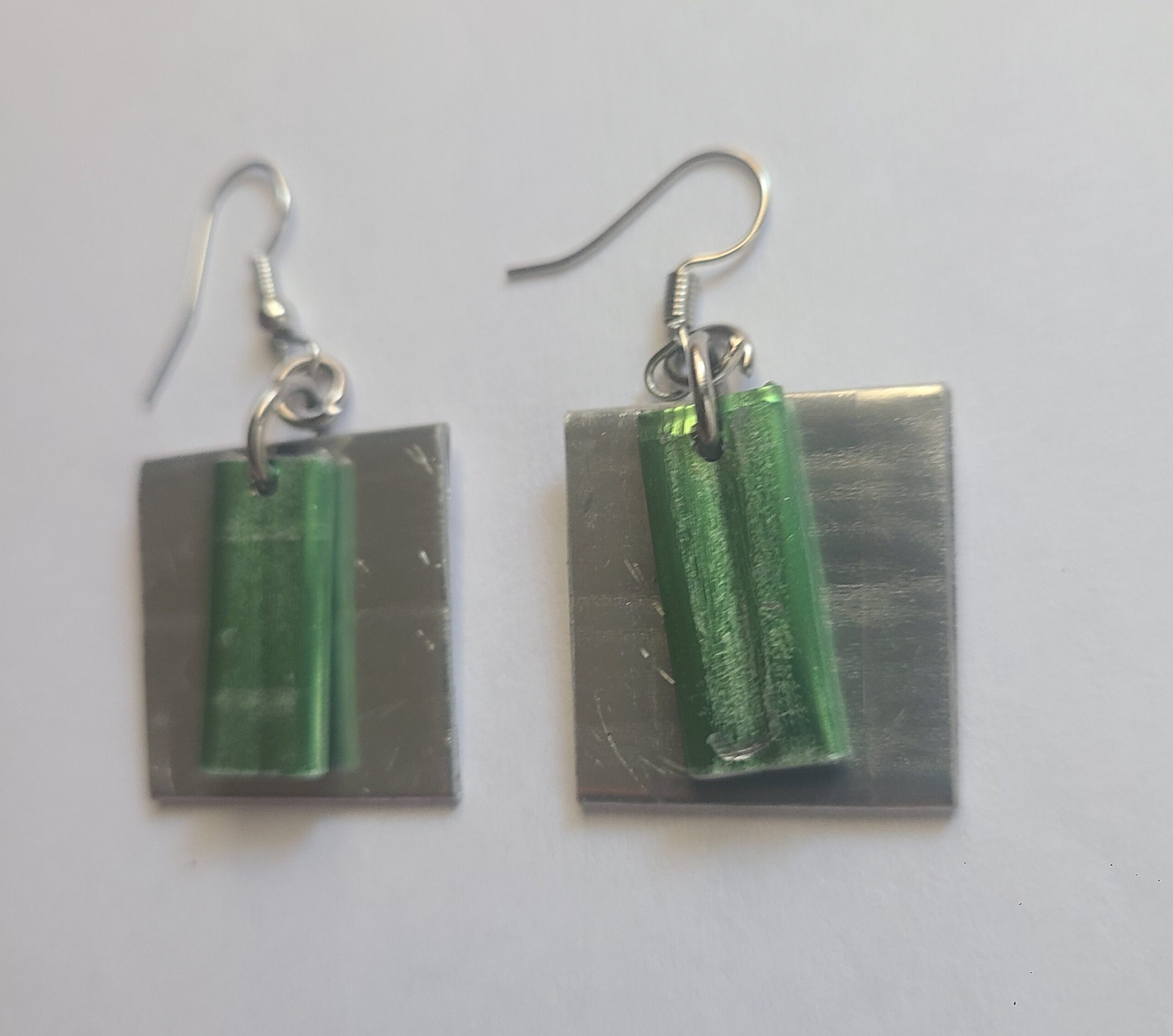 Squared Off Dangle Earrings - Silver and Green - Made from Knitting Needles - Image 3