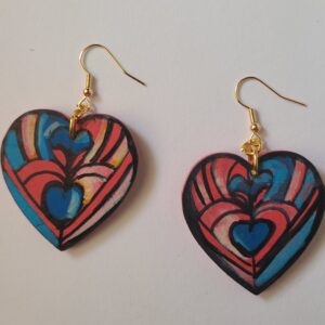 Pink and Blue Wooden Heart Earrings