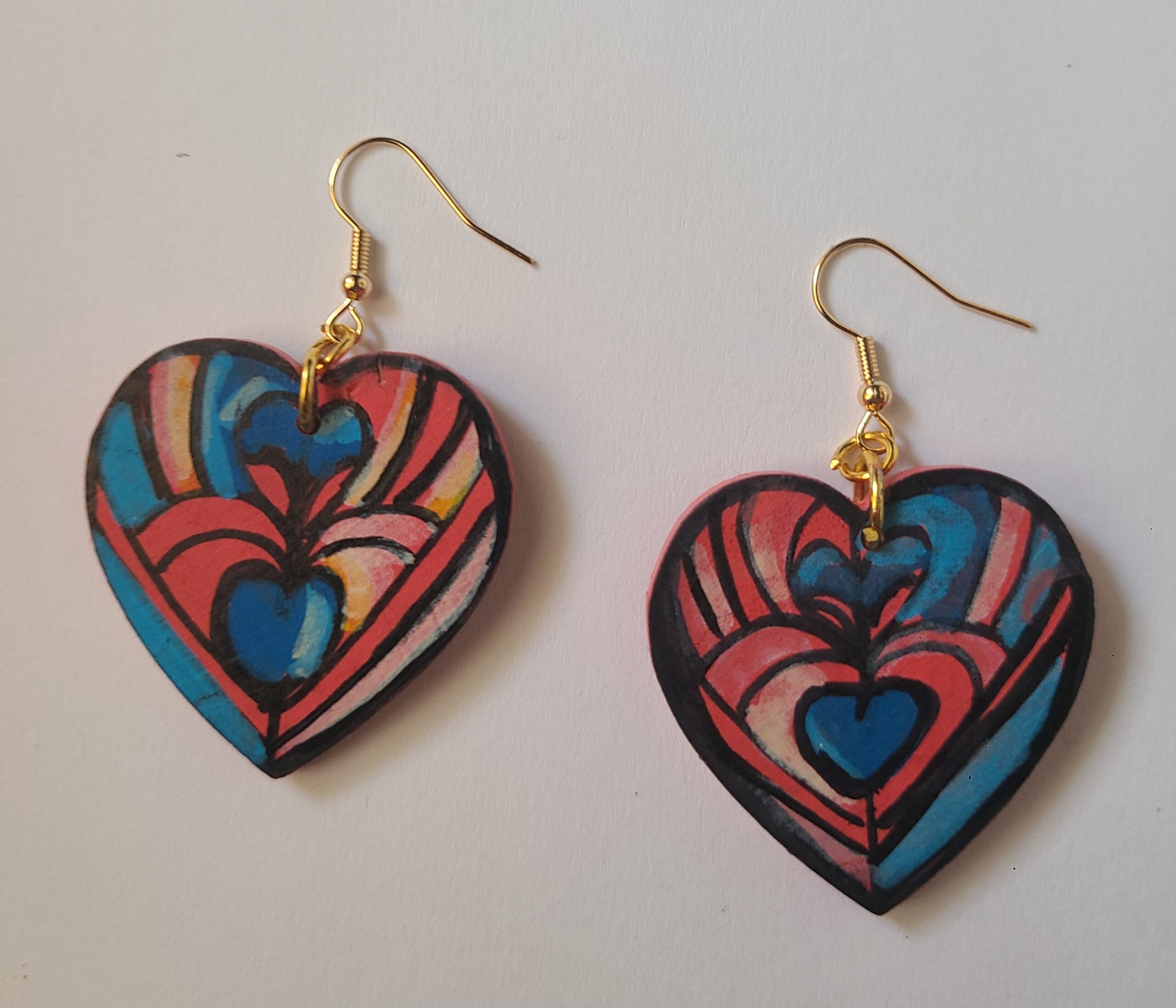 Pink and Blue Wooden Heart Earrings