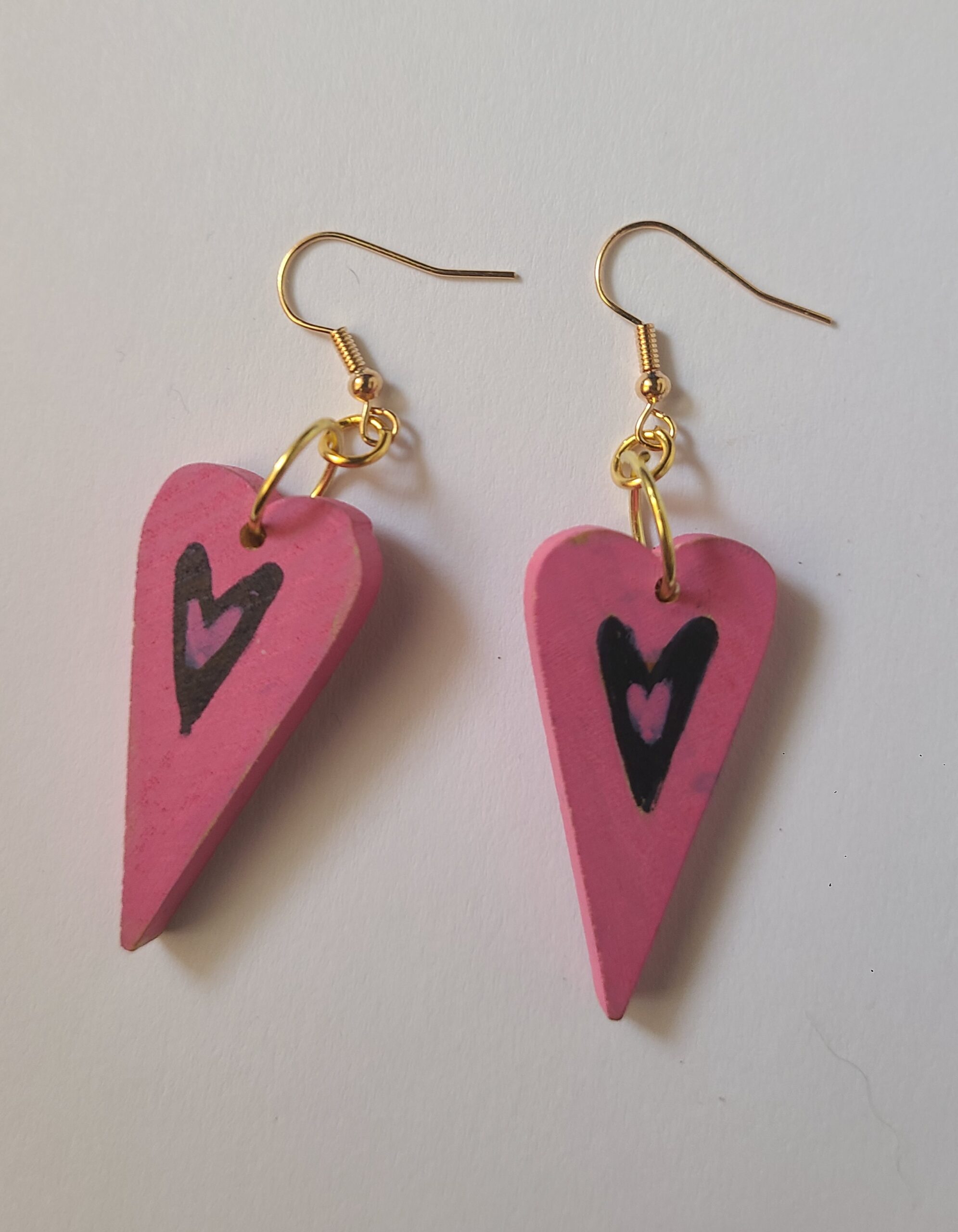 Pink Wooden Heart Earrings