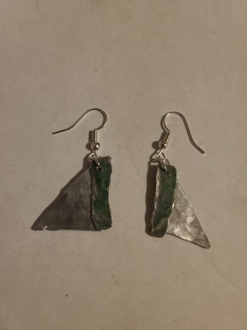 Triangle Double Dangle Earrings - Silver and Green- Made from Knitting Needles