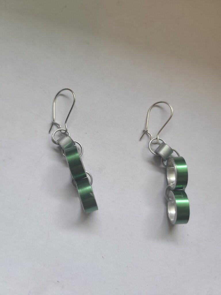 The Colorful Circular Connections Earrings - Green and Gray - Made from Knitting Needles