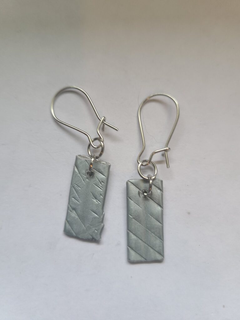Long Dangle Single Earrings - Gray- Made from Knitting Needles