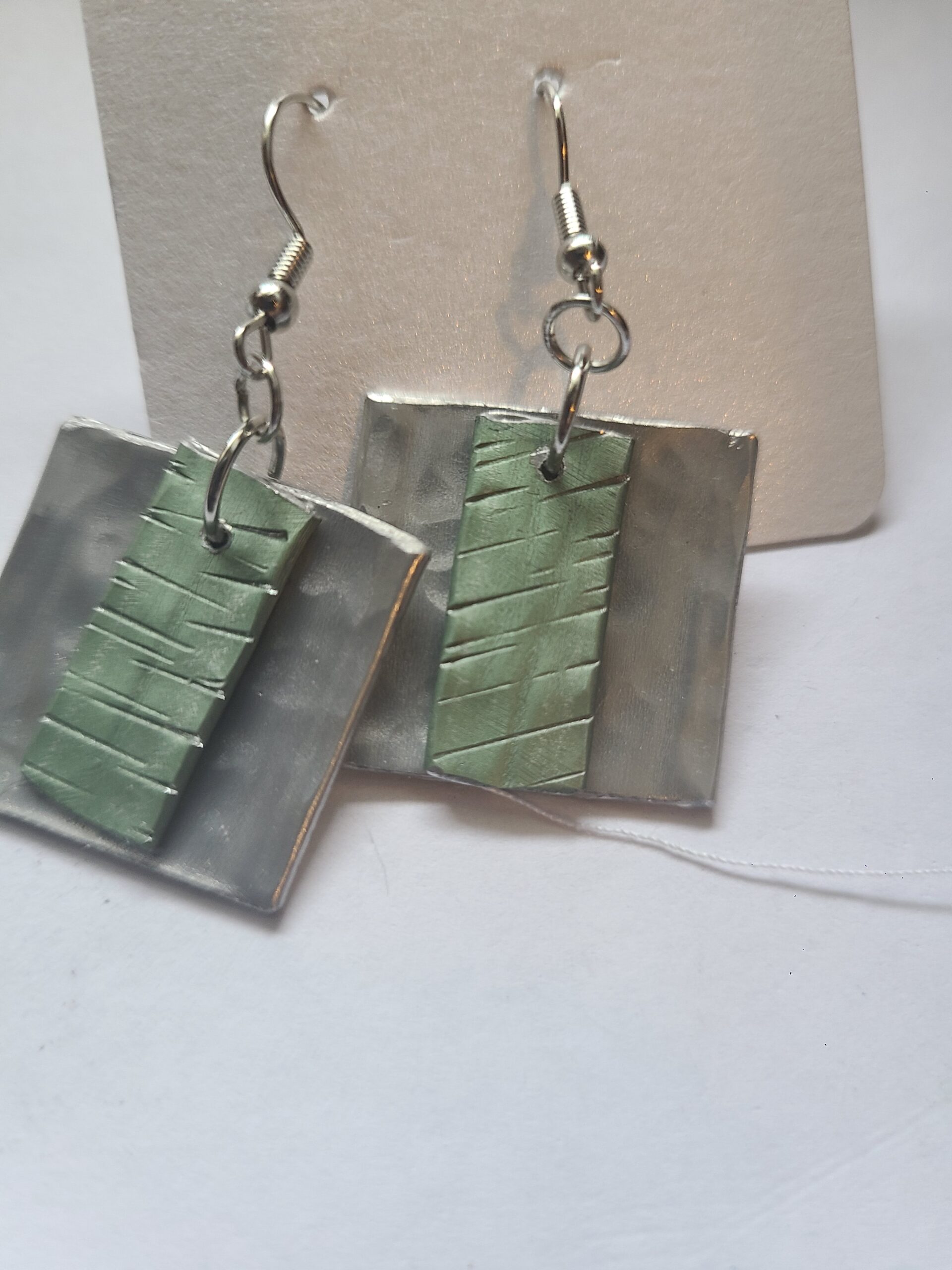 Squared Off Double Dangle Earrings - Silver and Green - Made from Knitting Needles