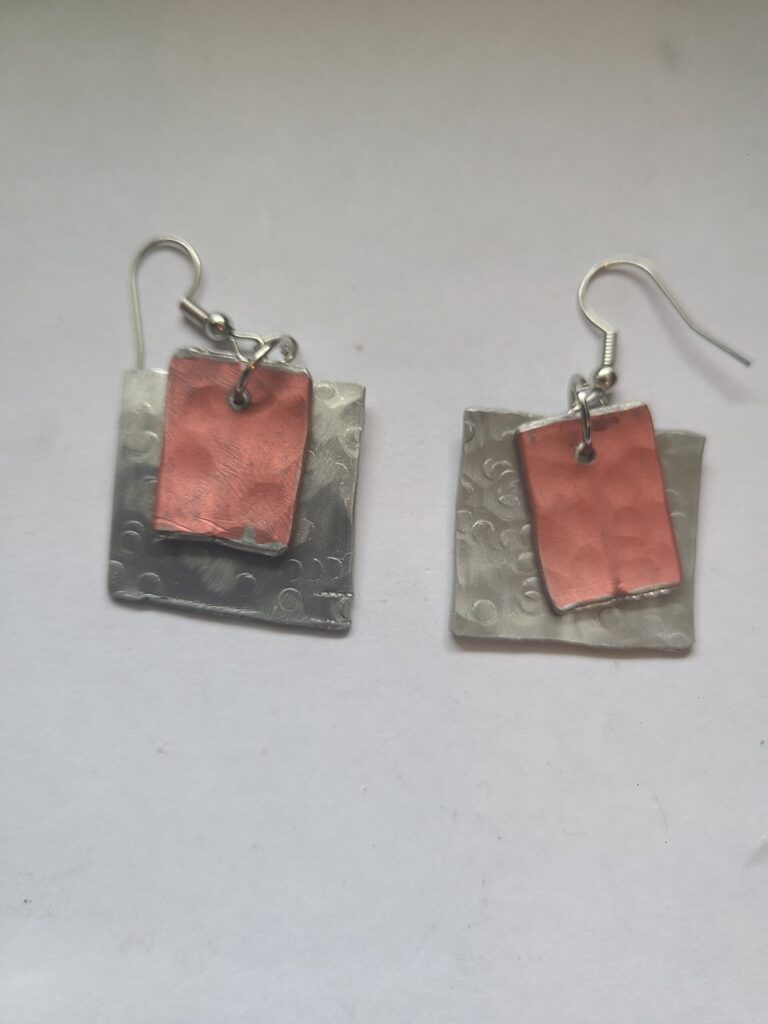 Squared Off Double Dangle Earrings - Silver and Red- Made from Knitting Needles