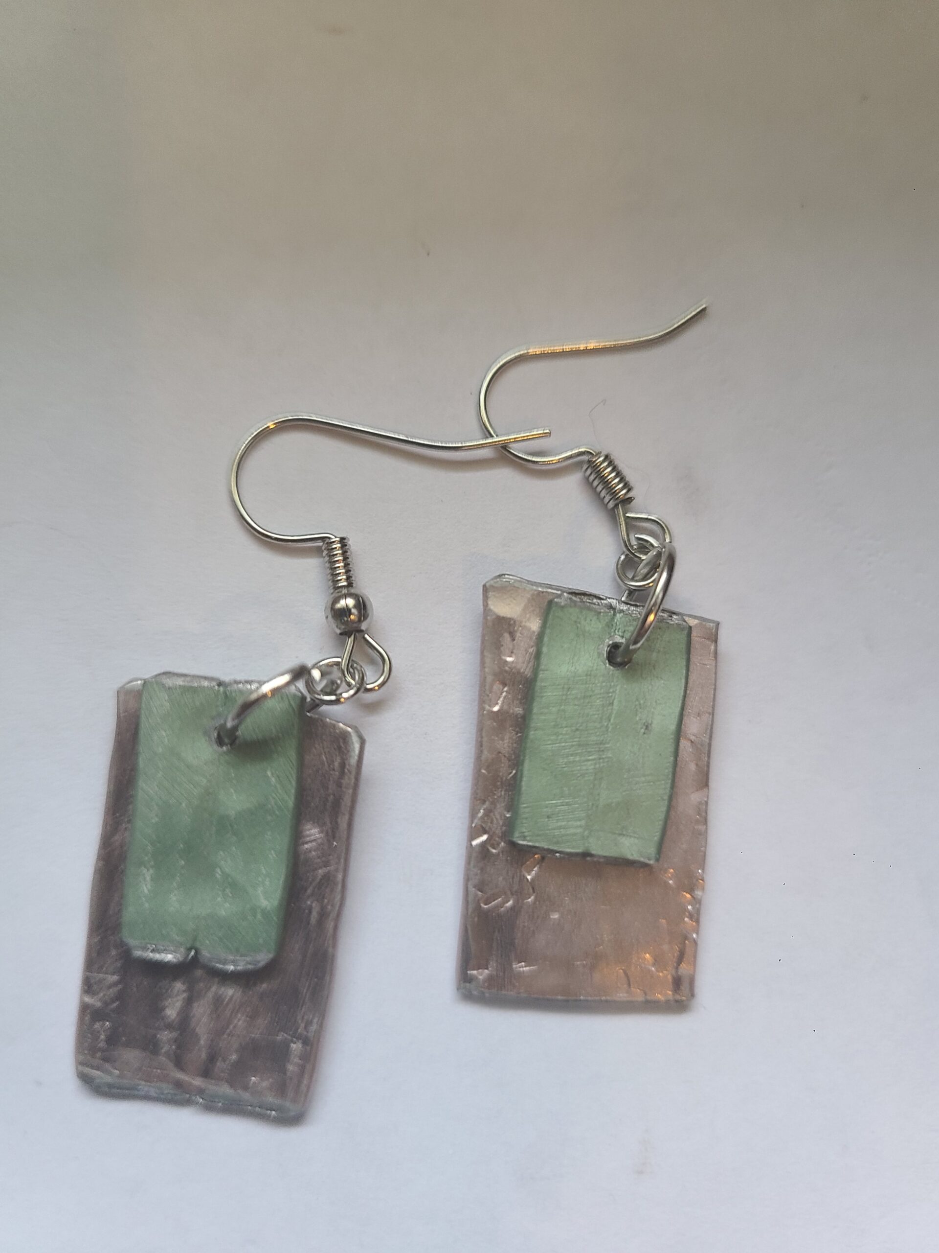 Long Dangle Double Earrings - Rose and Green - Made from Knitting Needles
