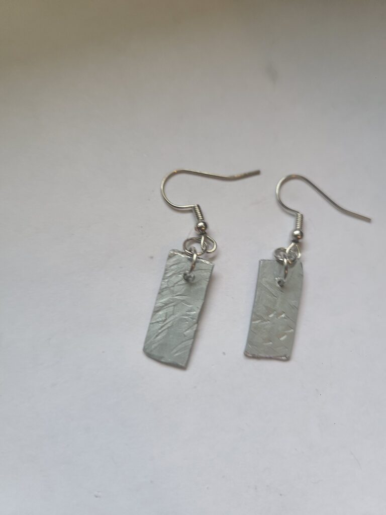 Long Dangle Single Earrings - Gray- Made from Knitting Needles